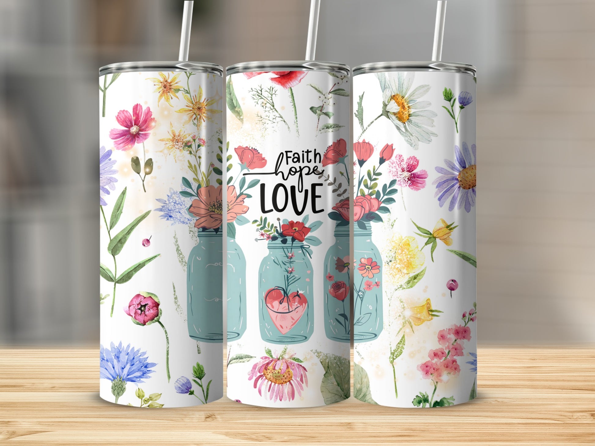 Floral Faith Hope Love Design Stainless Steel Tumbler