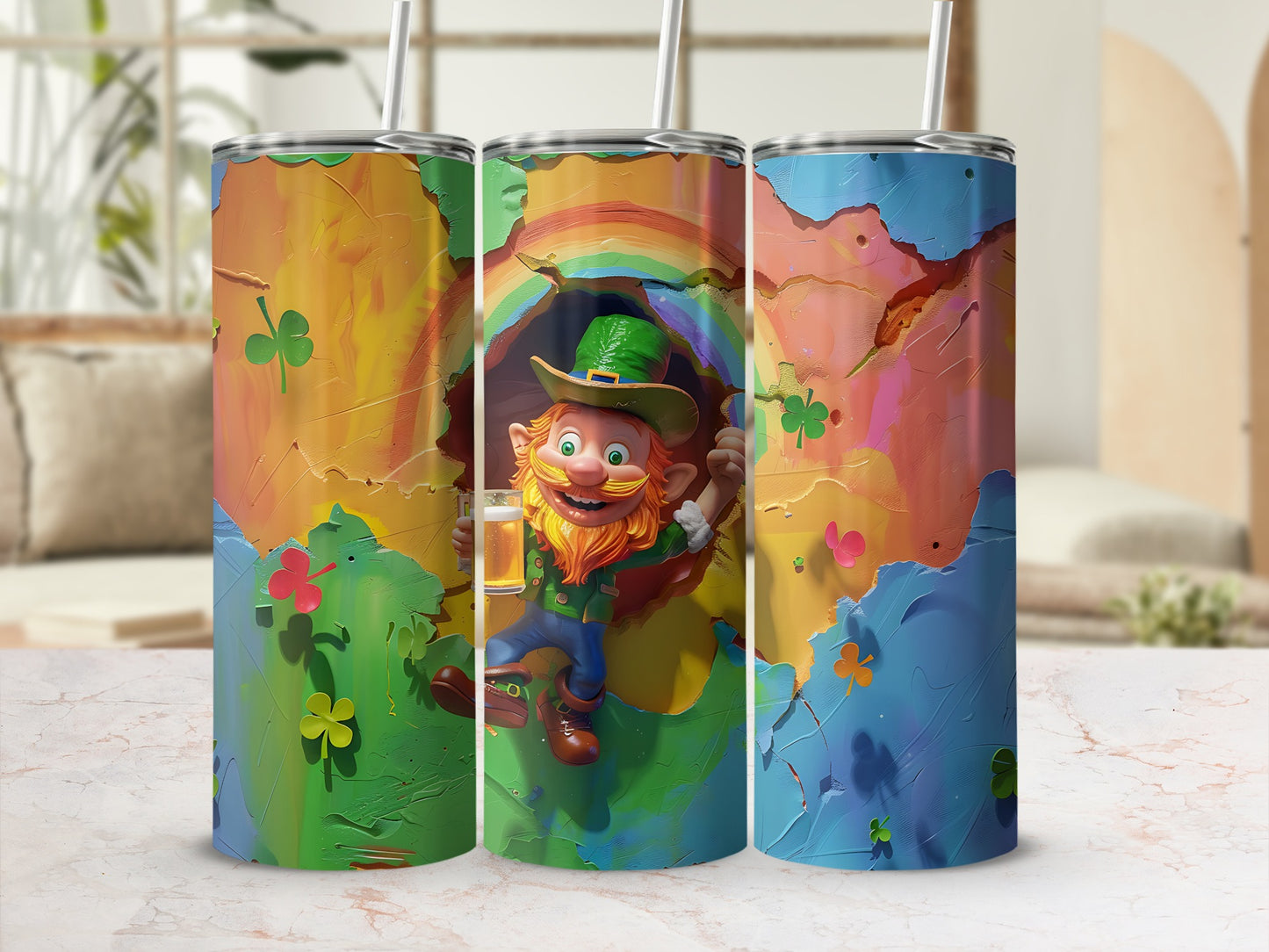 Three tumblers featuring a leprechaun, rainbow, and shamrocks.