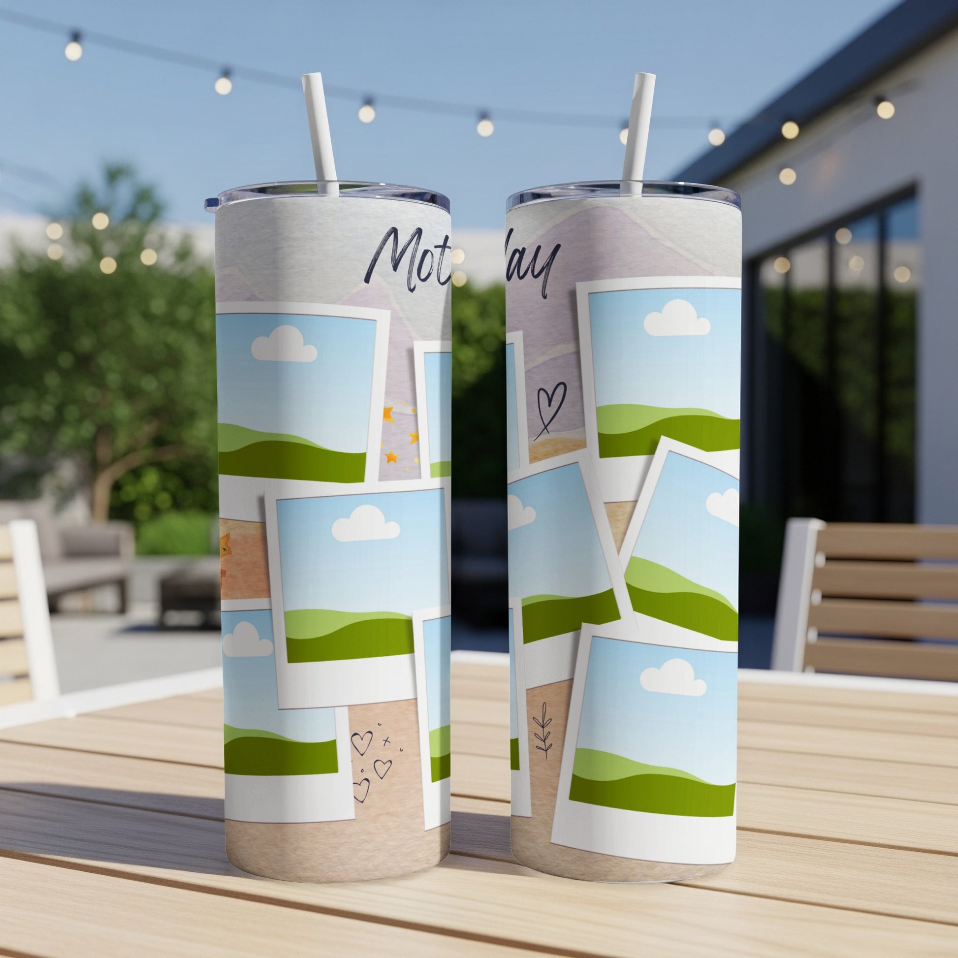 Two tumblers with a Mother's Day design of stacked polaroids and clouds.