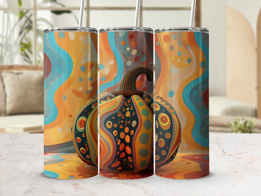 Three tumblers with a colorful pumpkin pattern and wavy background.