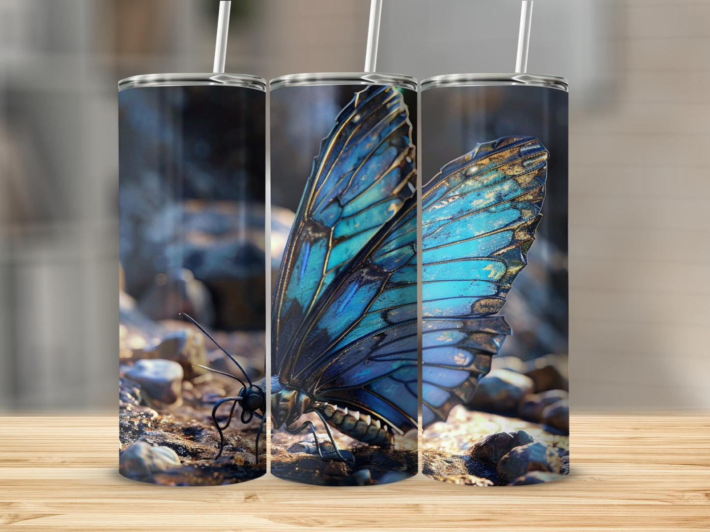 Blue butterfly on textured surface, two tumblers shown side-by-side.