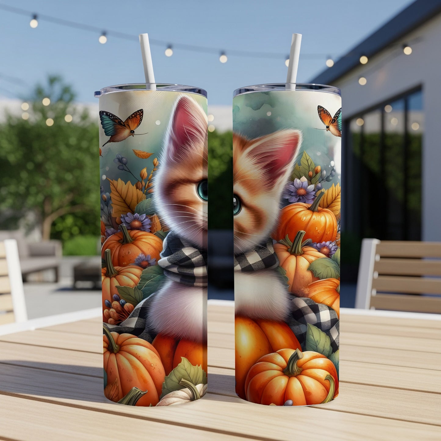 Two tumblers featuring a kitten wearing a checkered scarf among pumpkins and butterflies.