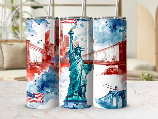 Statue of Liberty and New York City skyline with watercolor splashes.