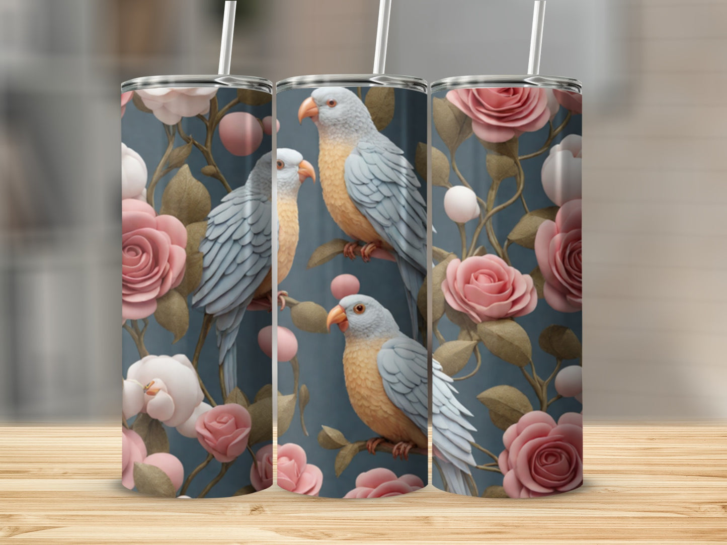 Three tumblers with parrots and pink roses on a dark background.