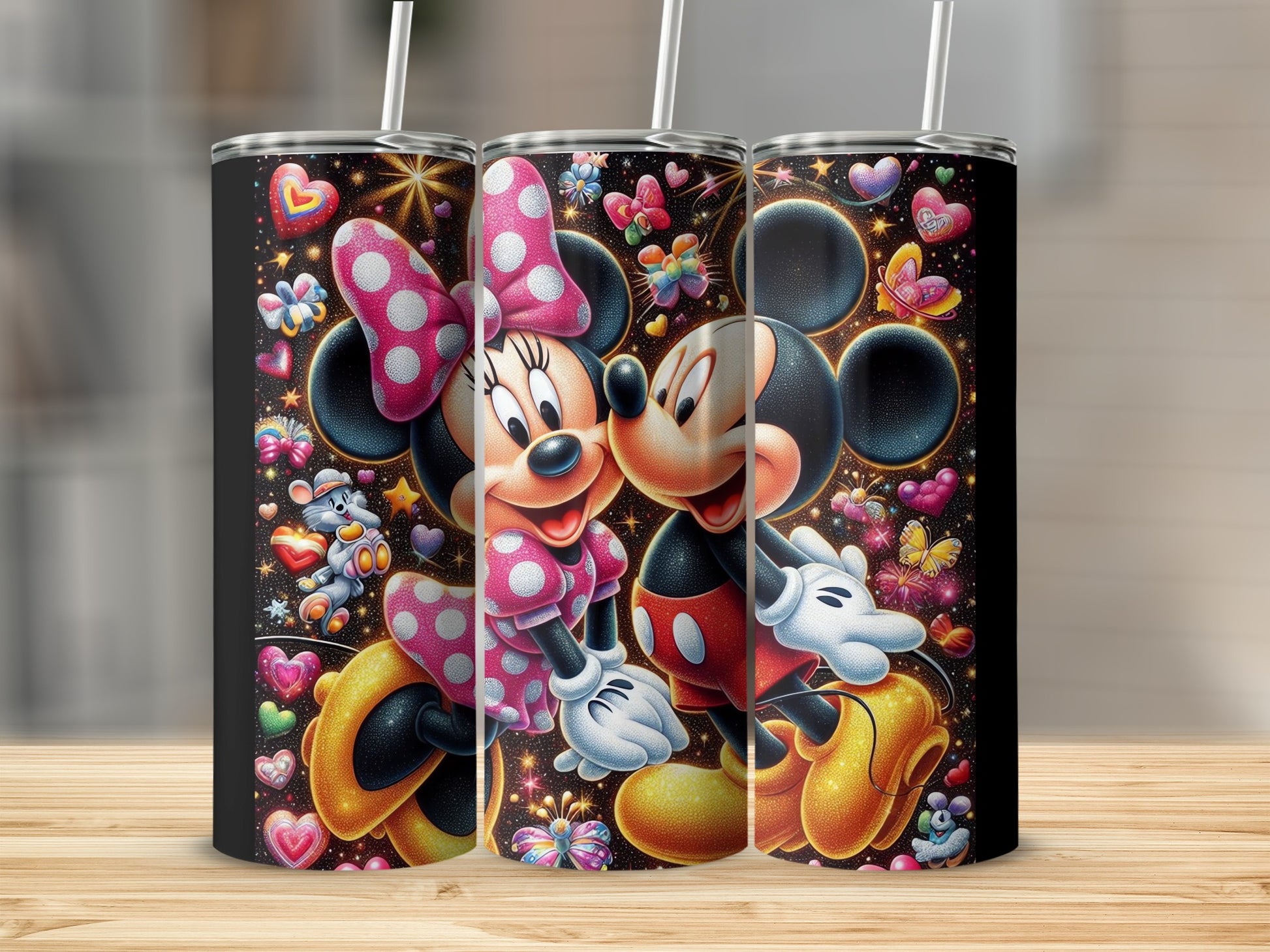 Mickey and Minnie Mouse Tumbler with Colorful Hearts Design