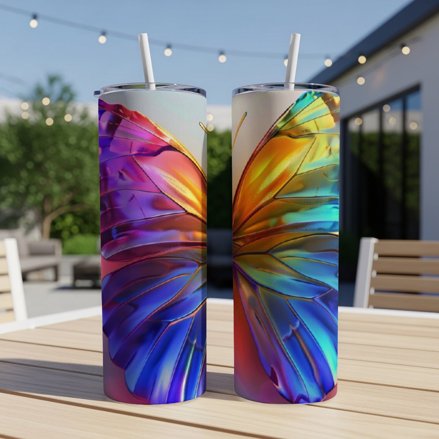 Two iridescent butterfly wing design tumblers on a table.