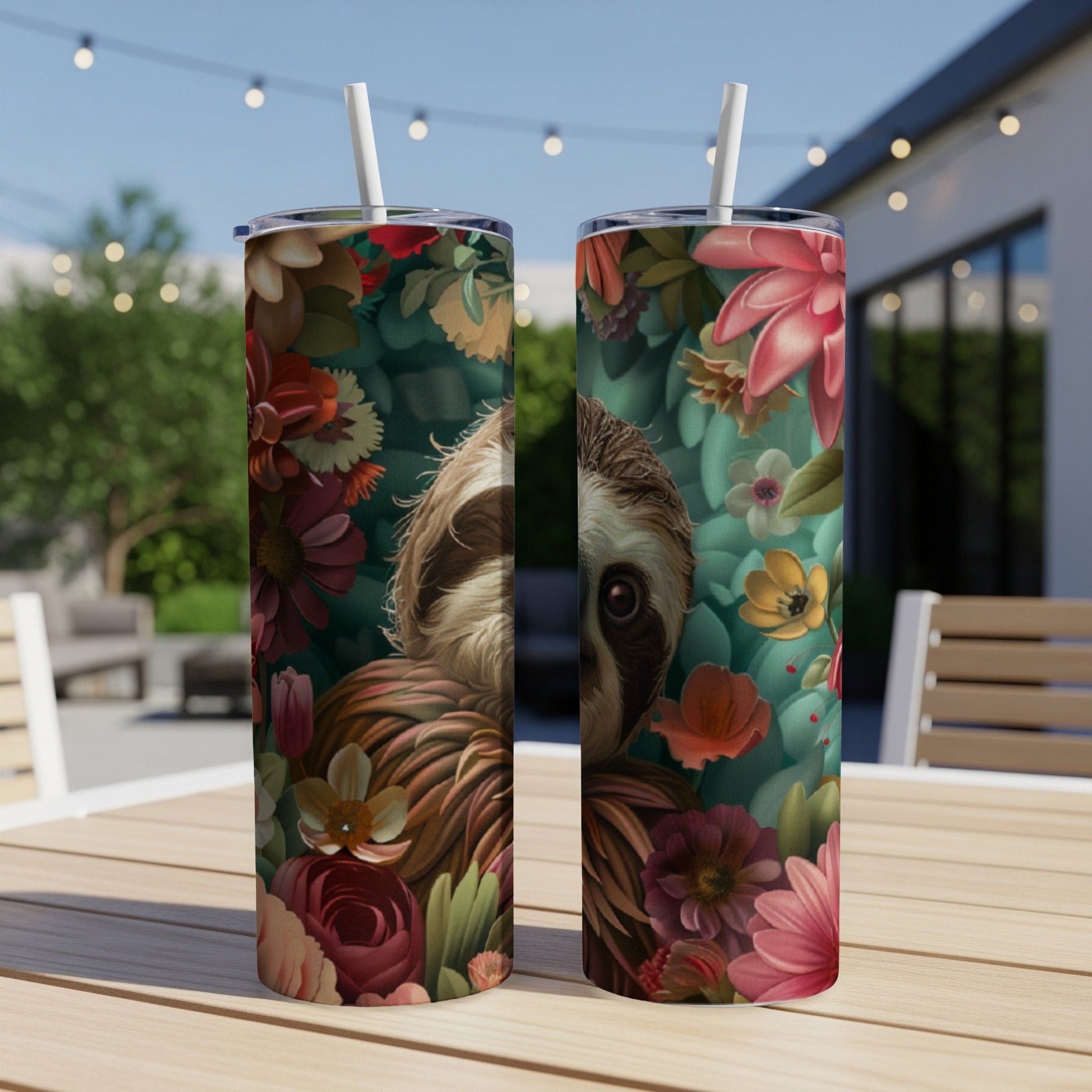 Two tumblers with a sloth and floral pattern sit on a table outdoors.