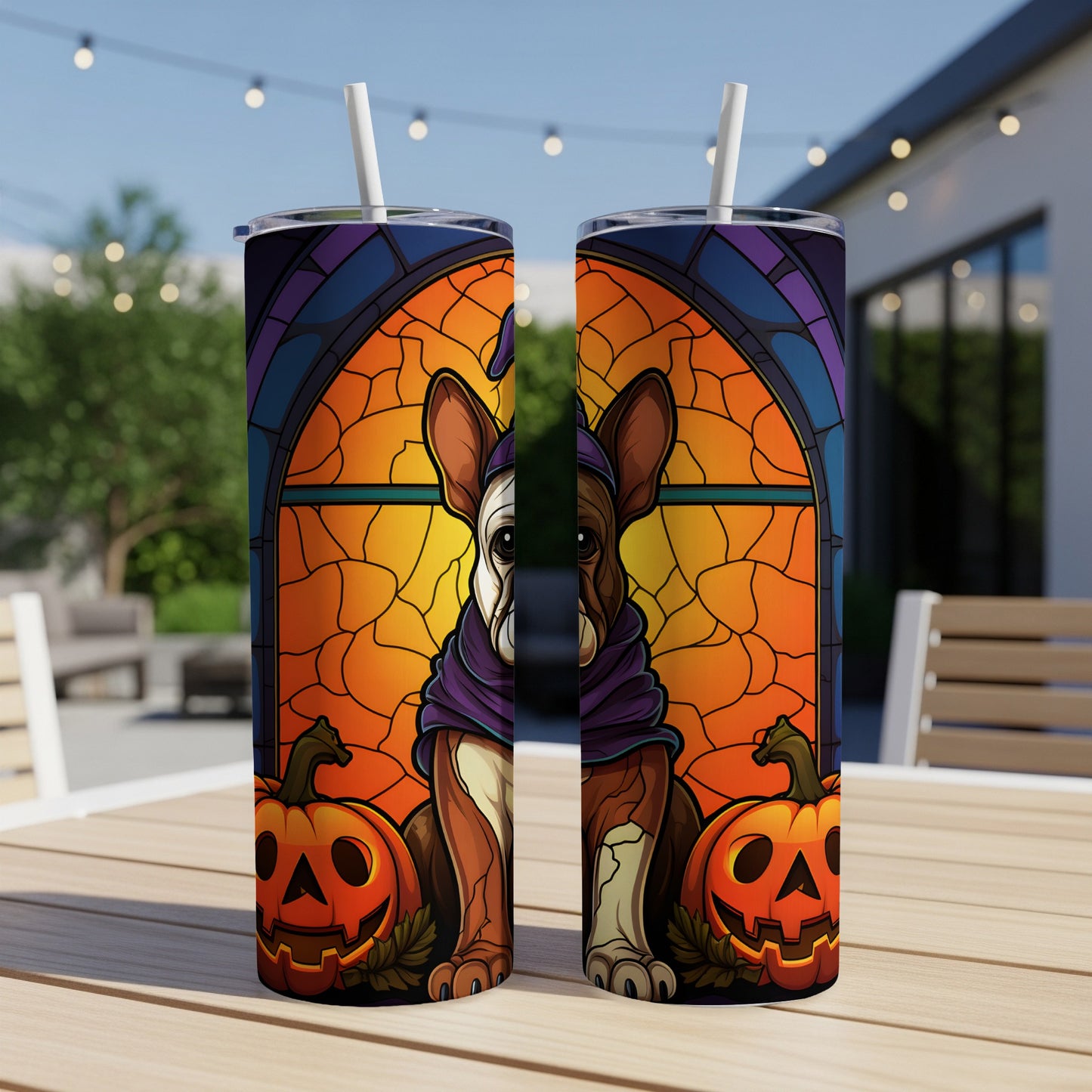 Two tumblers with Halloween French bulldog and pumpkin stained glass design.