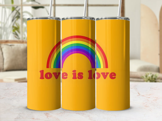 Three yellow tumblers with a rainbow and "love is love" text.