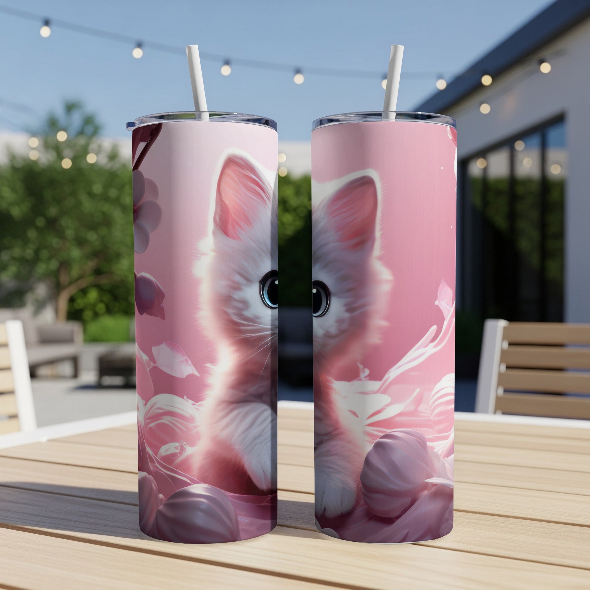 Pink floral tumbler with a wide-eyed kitten peeking out.