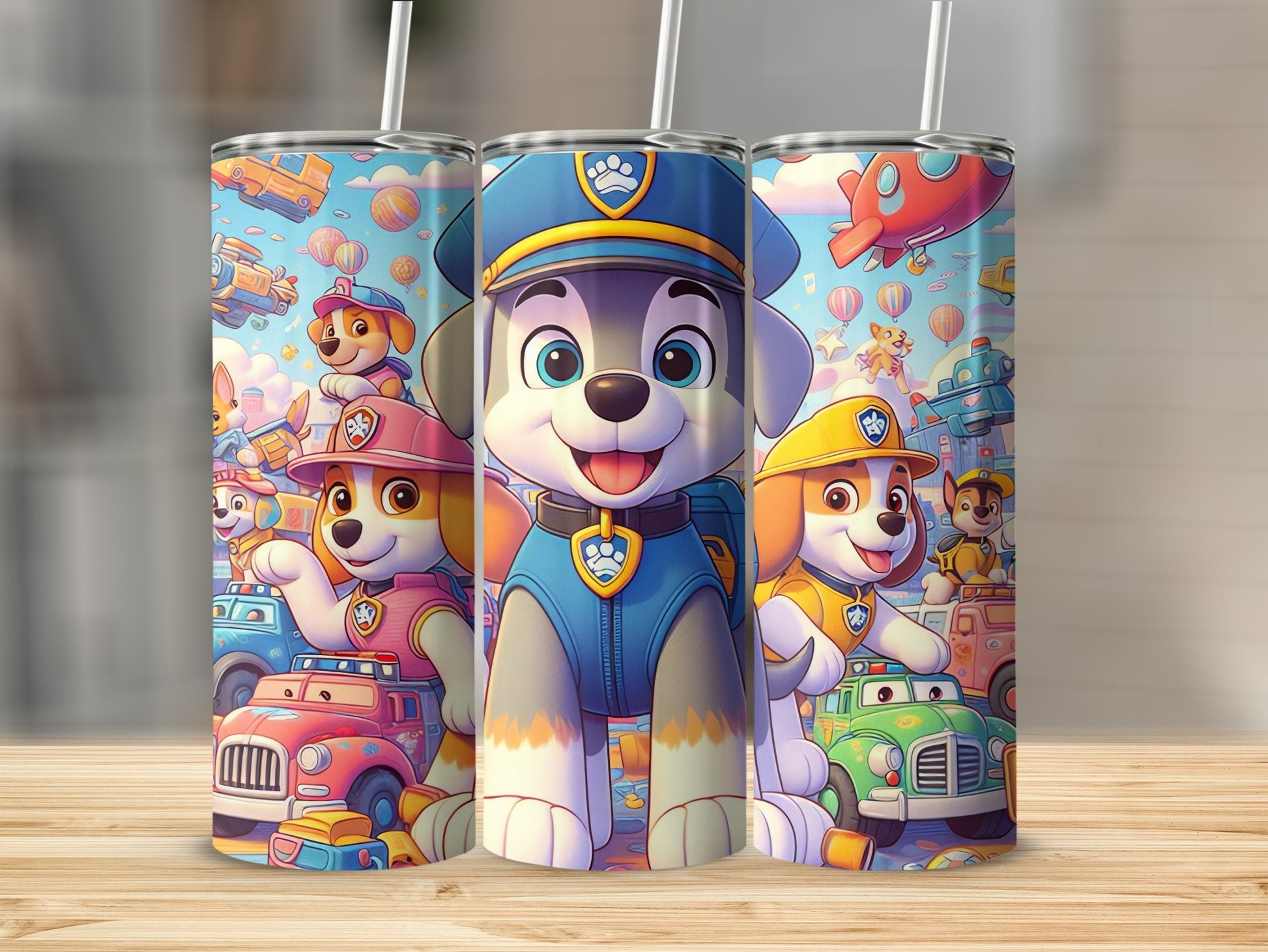 Colorful Cartoon Pups and Vehicles Design Drinkware