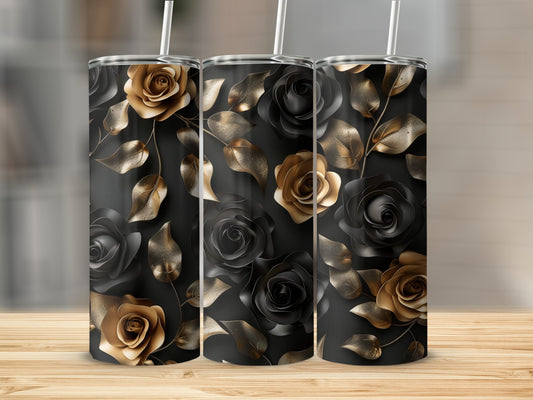 Three tumblers with black and gold rose floral pattern on wooden surface.