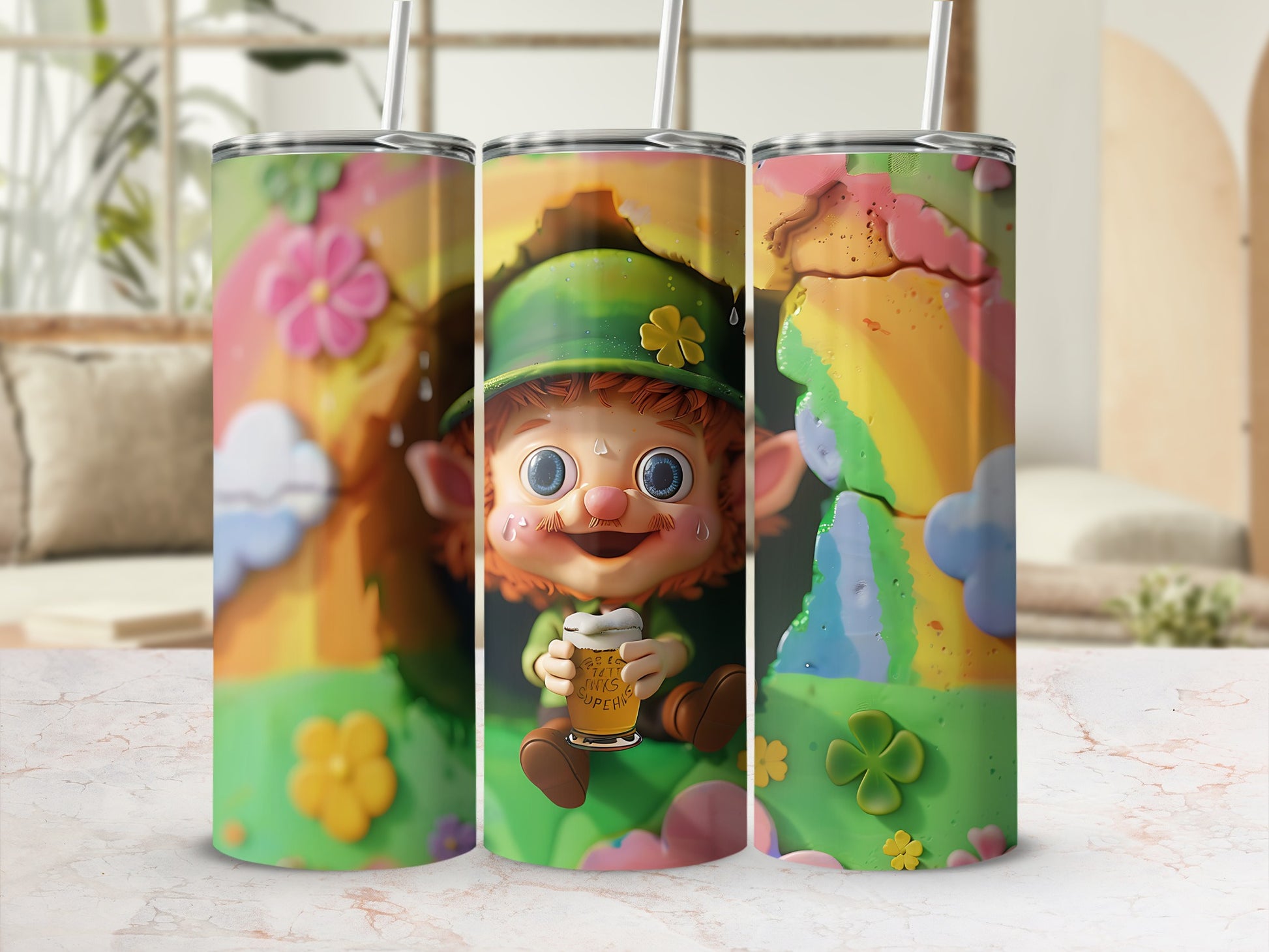 Leprechaun holding a beer mug, St. Patrick's Day themed tumbler.