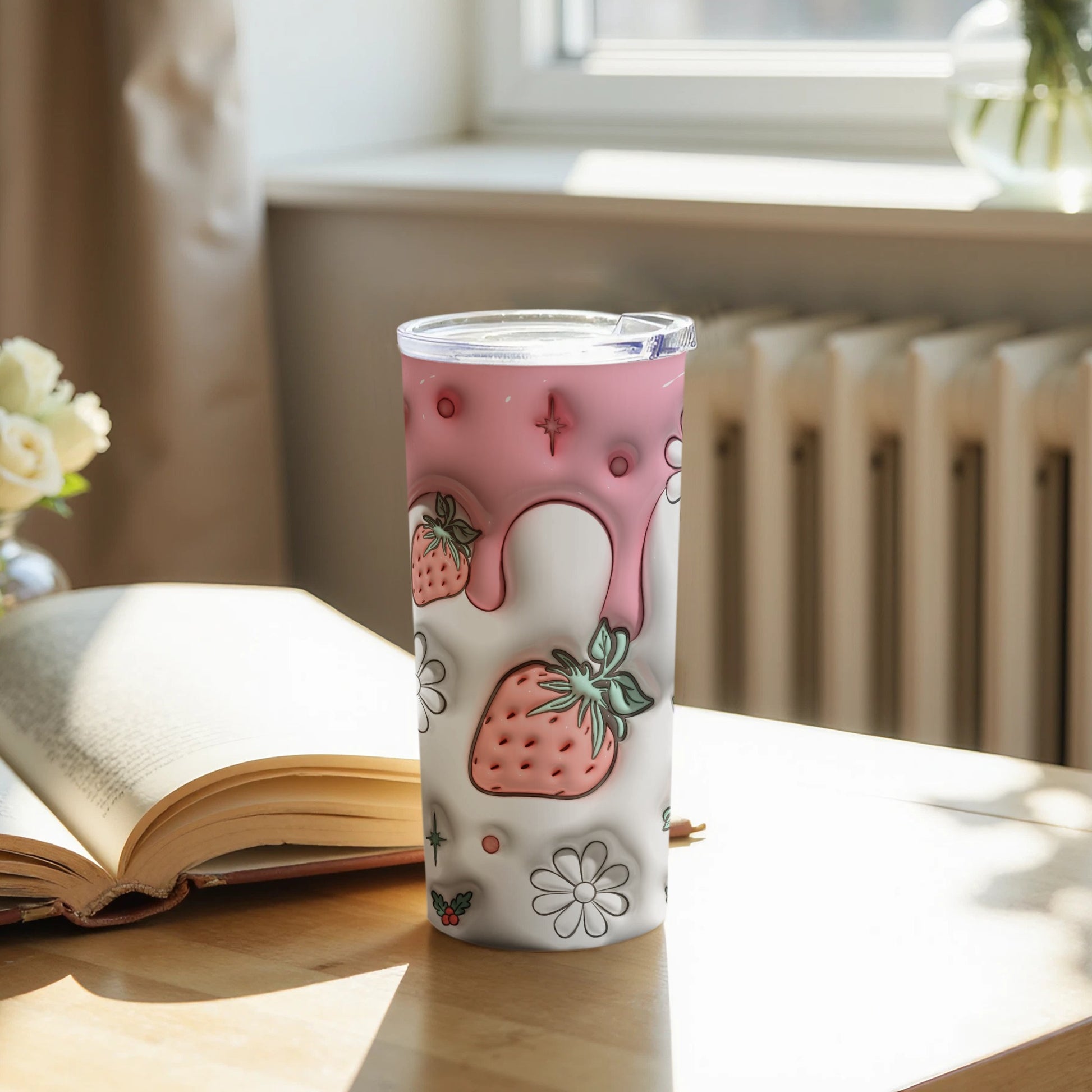 Strawberry Pink Drip Design Tumbler with Daisy Flowers