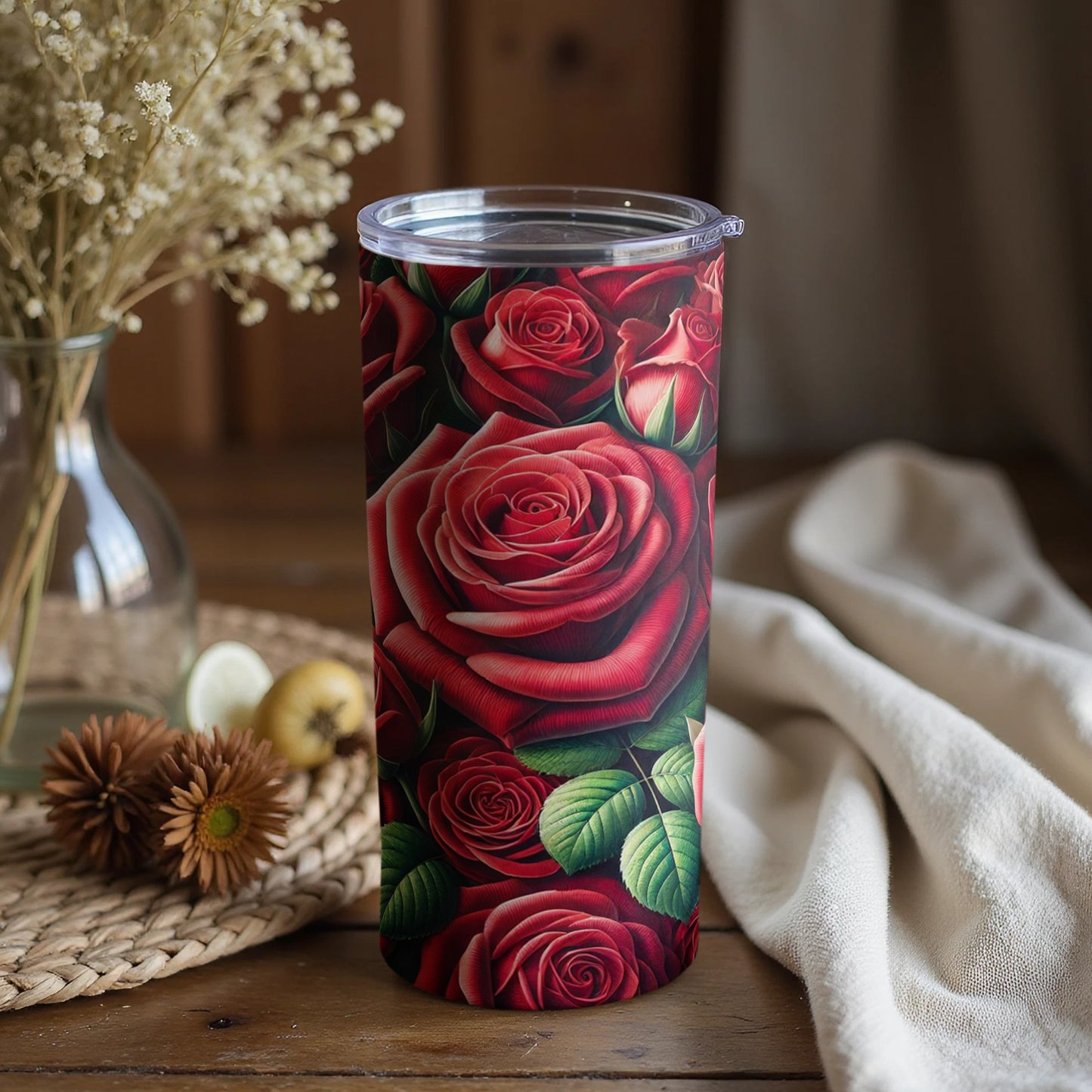 Vibrant Red Roses Tumbler with Lid Flower Pattern