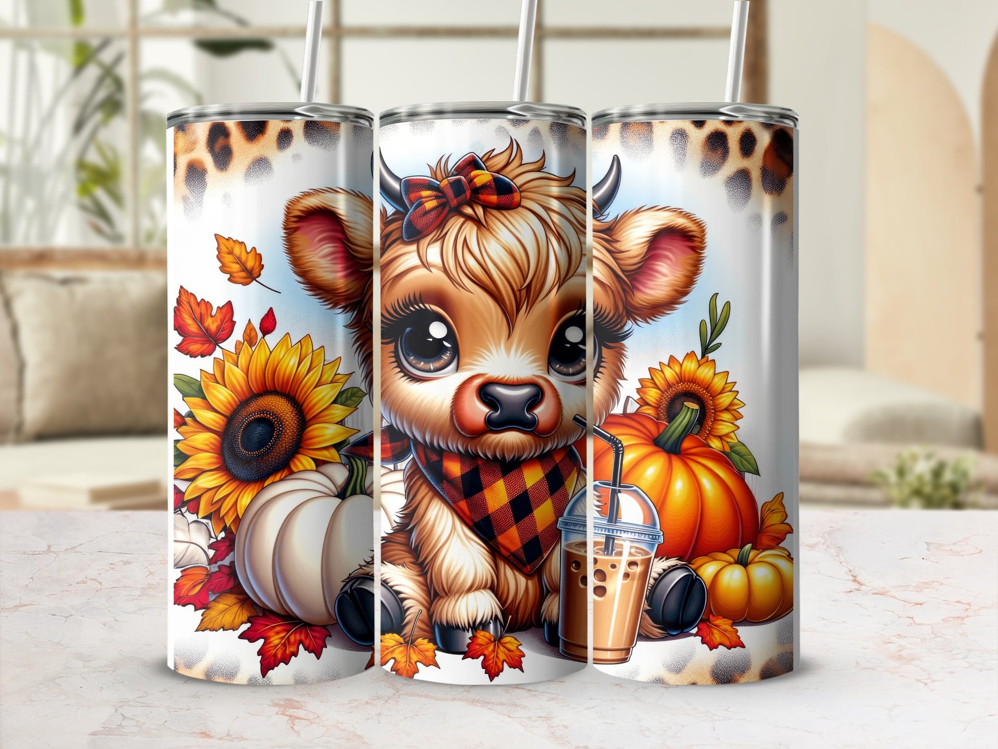 Cute cow with sunflower, pumpkin, and fall leaves on a tumbler.