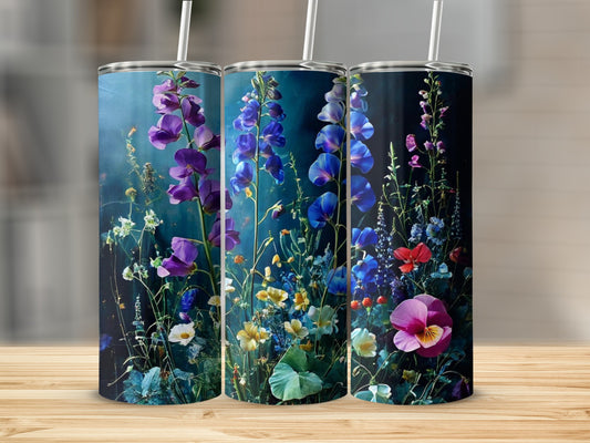 Three tumblers featuring vibrant purple, pink, and blue wildflowers on a dark background.