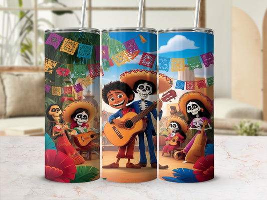 Three tumblers featuring characters from Coco celebrating with music and papel picado.
