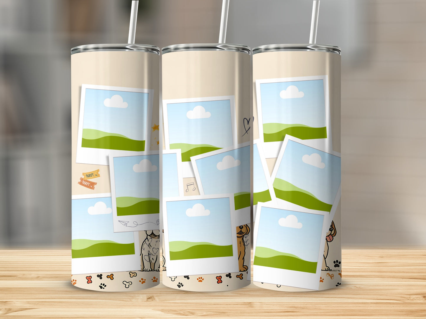 Three tumblers with photo frames, dog illustrations, and paw prints.