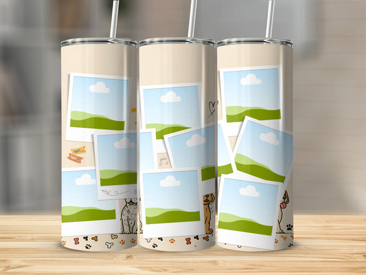 Three tumblers with photo frames, dog illustrations, and paw prints.
