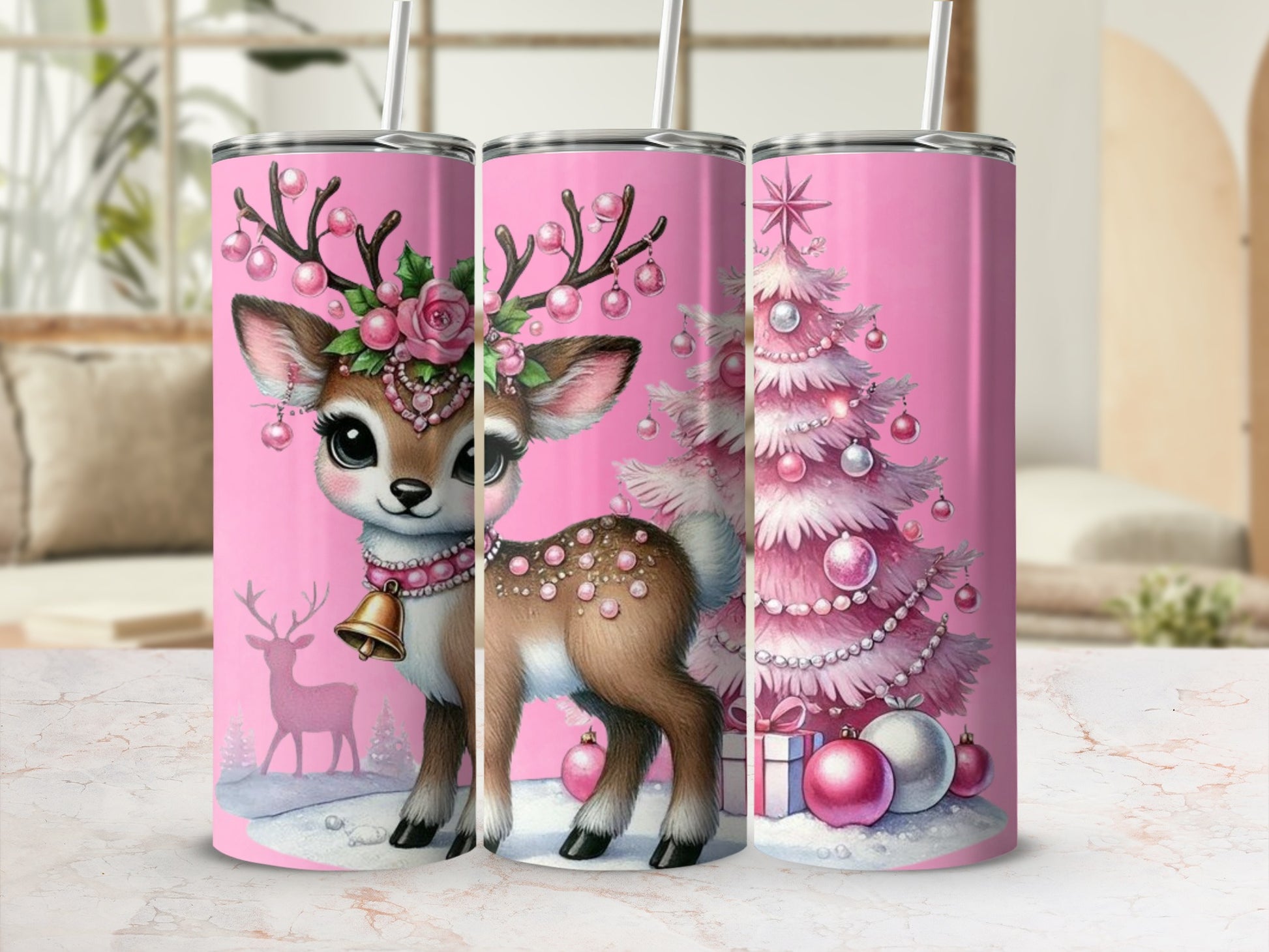 Pink Christmas Deer and Tree Design on Tumbler