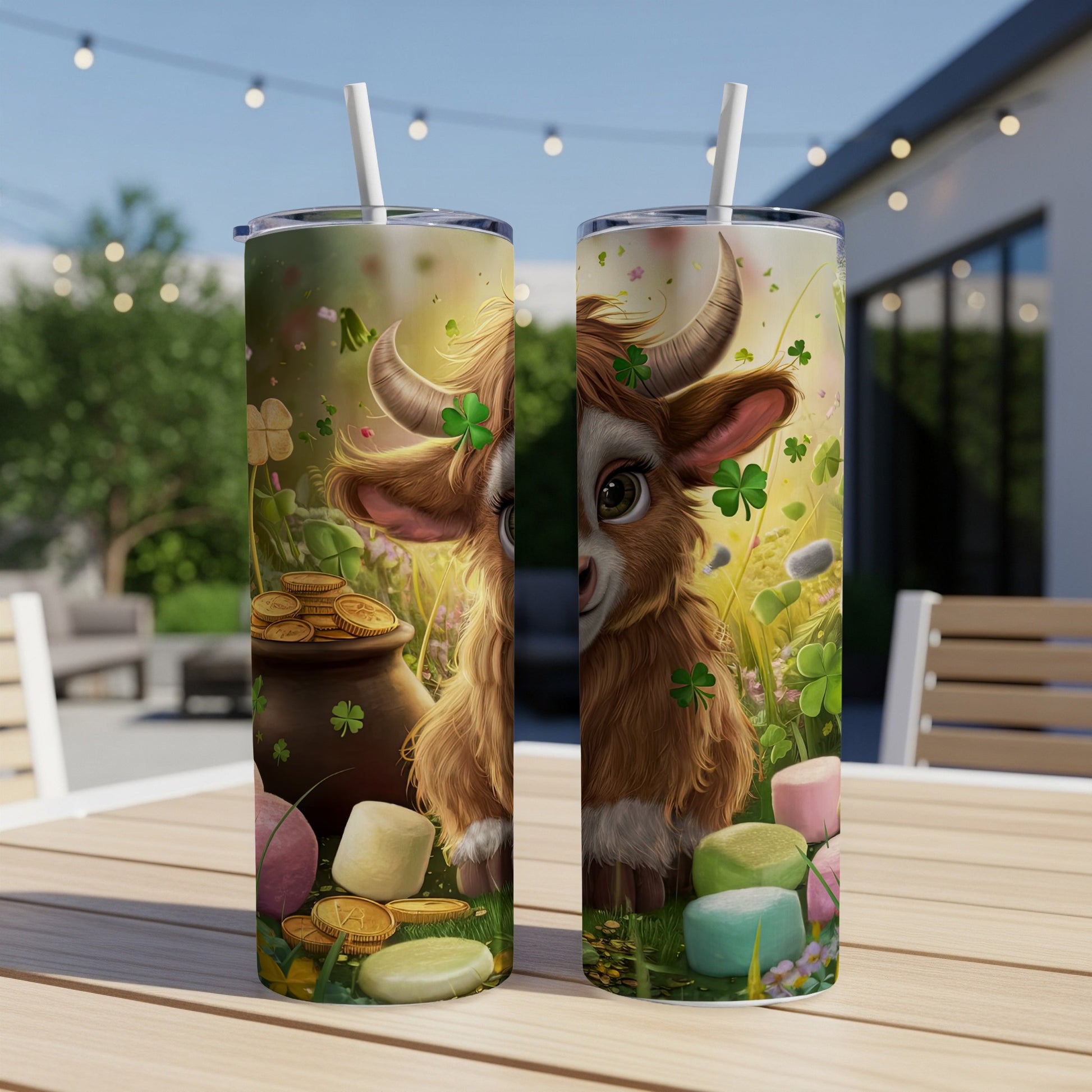 Two tumblers with a cartoon cow and shamrocks, sitting on a table.