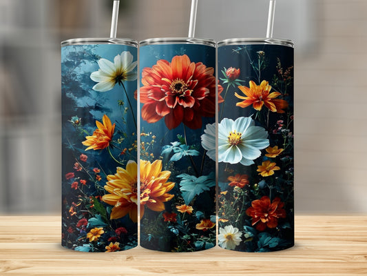 Three floral tumblers with vibrant orange, yellow, and white flowers on a dark background.
