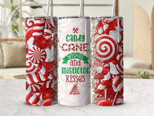 Christmas tumbler with candy cane, peppermint, and glitter design.