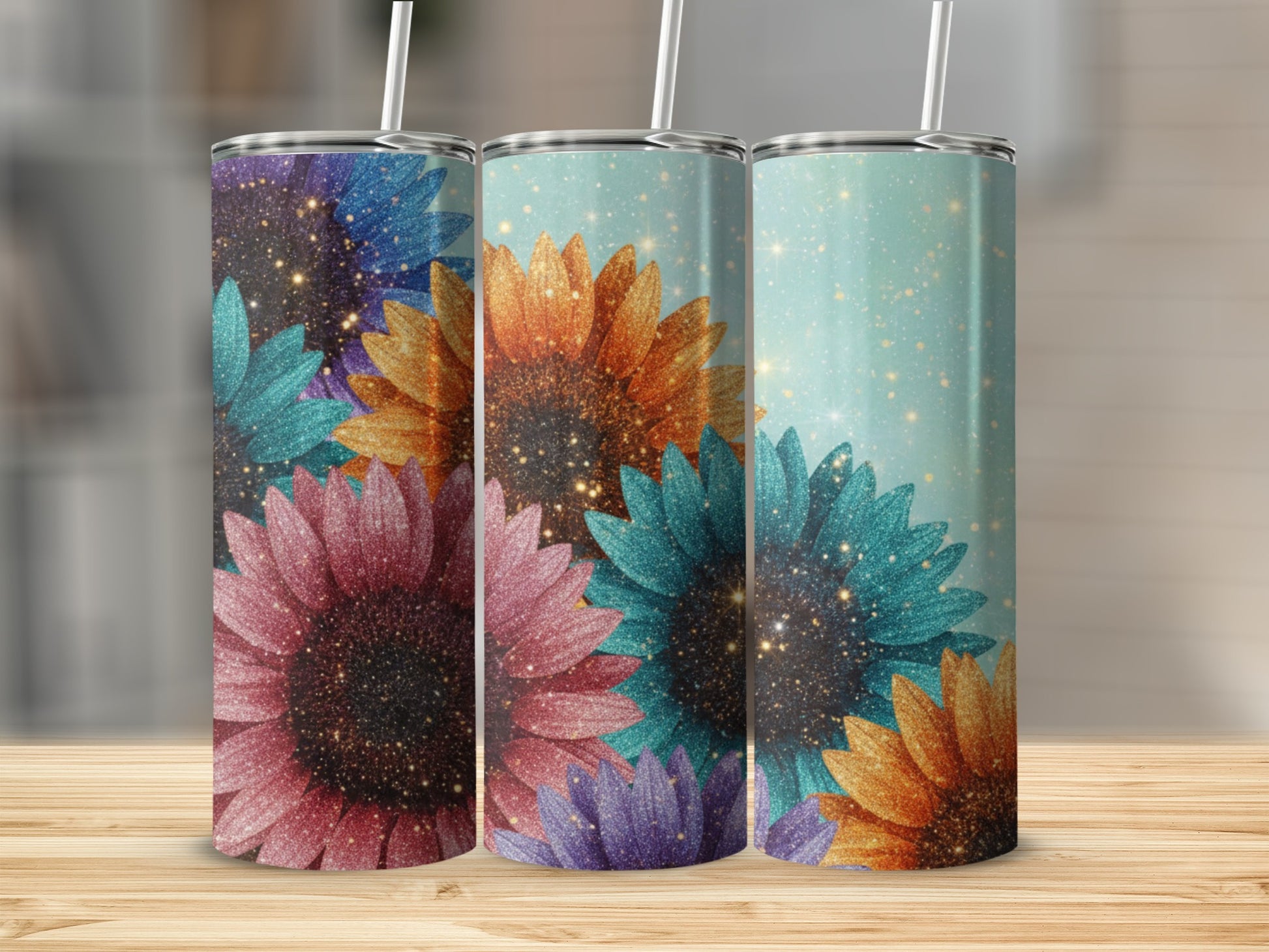 Glittery Sunflower Design Insulated Tumbler Cup