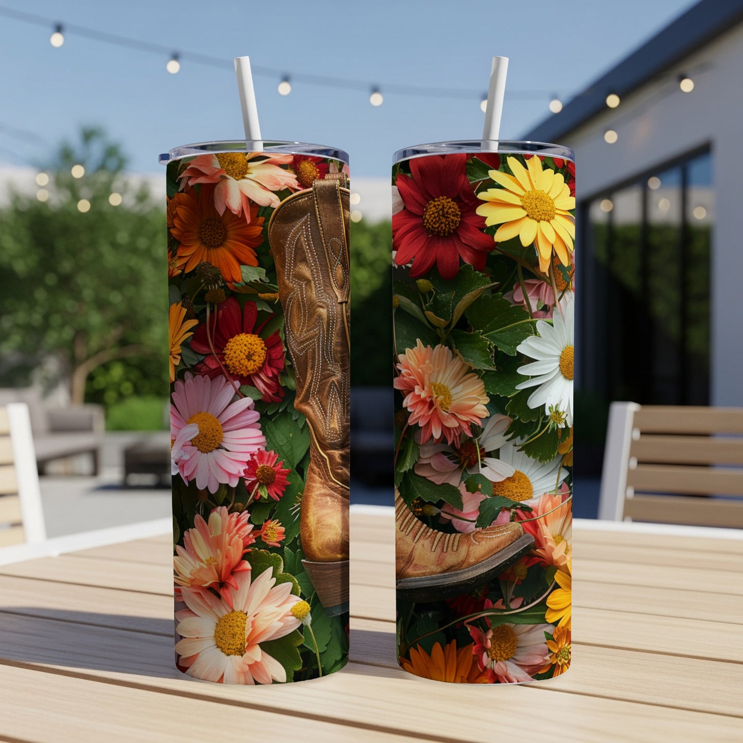Two tumblers with cowboy boots and vibrant flowers.