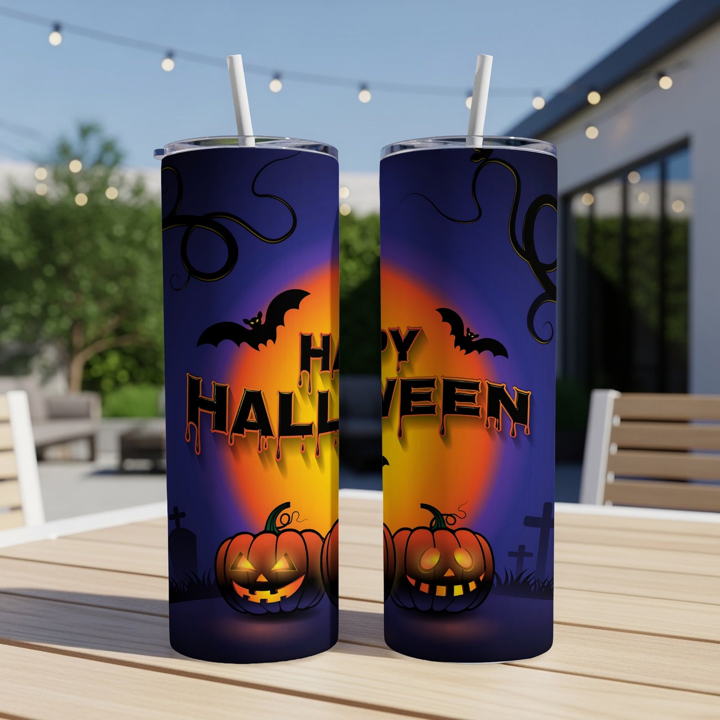 Two tumblers with Halloween graphics featuring pumpkins, bats, and the text "Happy Halloween".