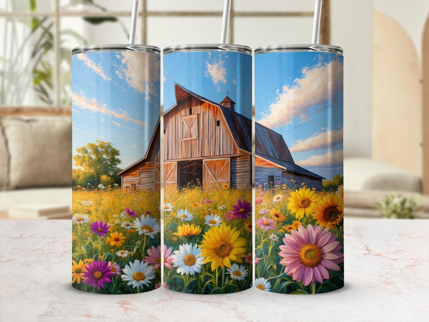 Barn and wildflowers on a tumbler.