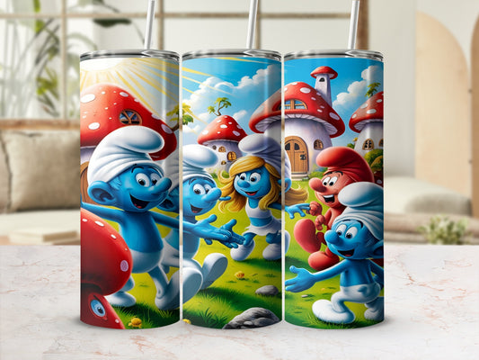 Smurfs playing in a grassy meadow with mushroom houses.