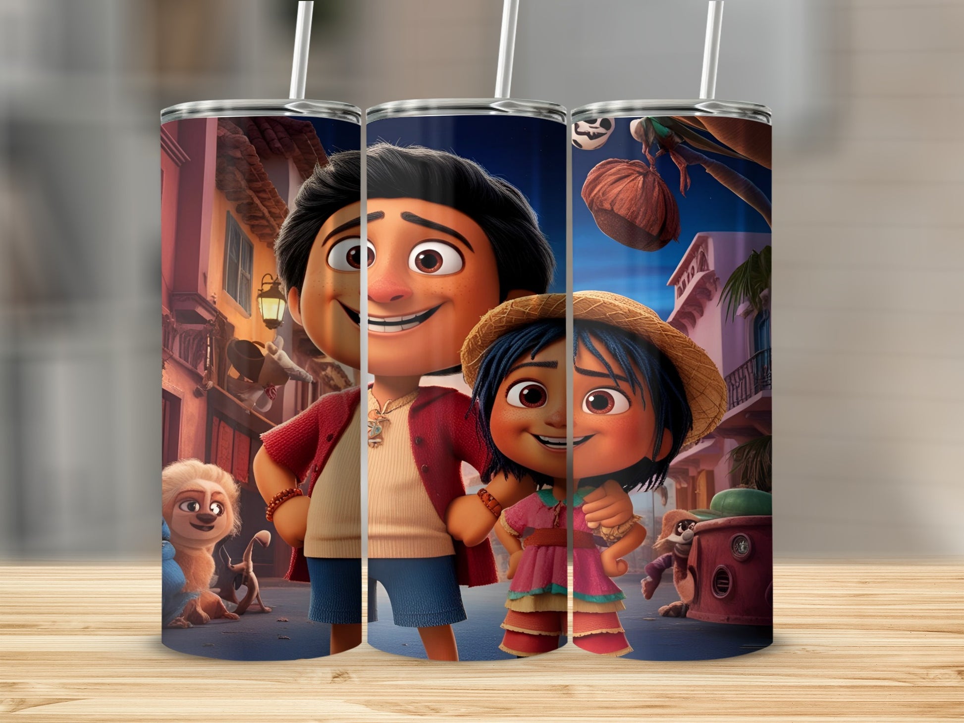Animated characters from a movie stand together, with straw and building background.