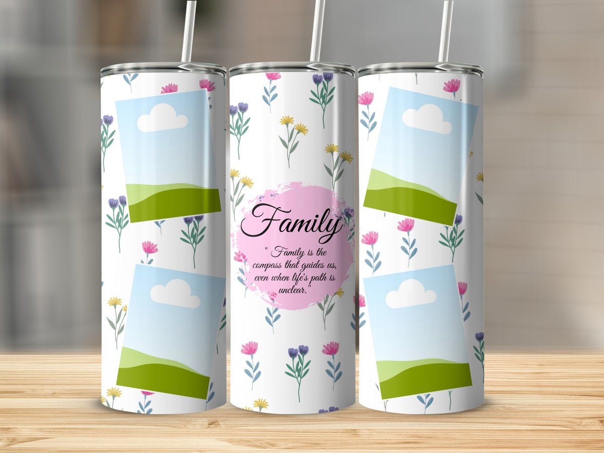 Tumbler with floral pattern, picture frames, and "Family is the compass" quote.
