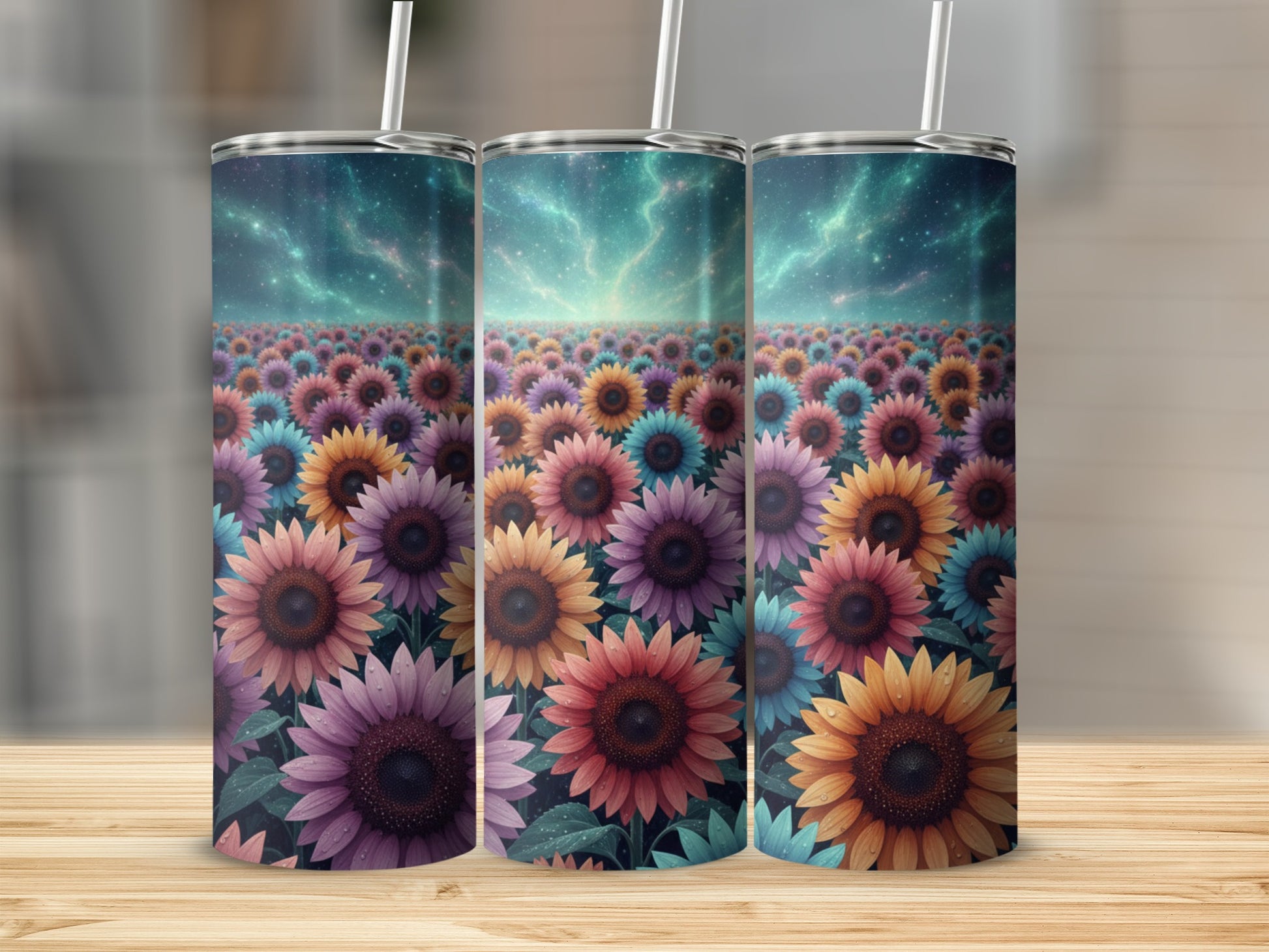 Colorful Sunflower and Galaxy Design Tumbler