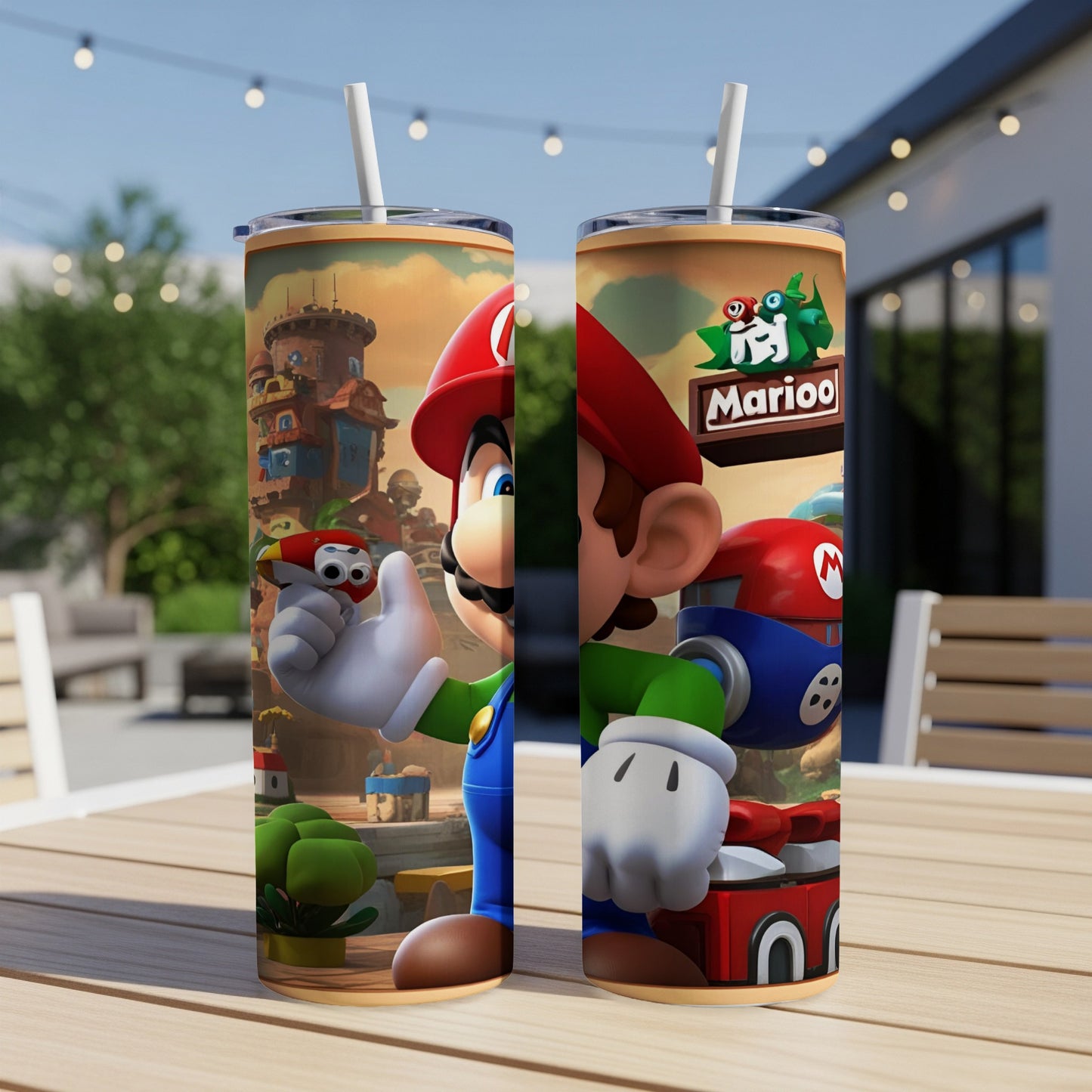 Mario holding a red mushroom on a tumbler.