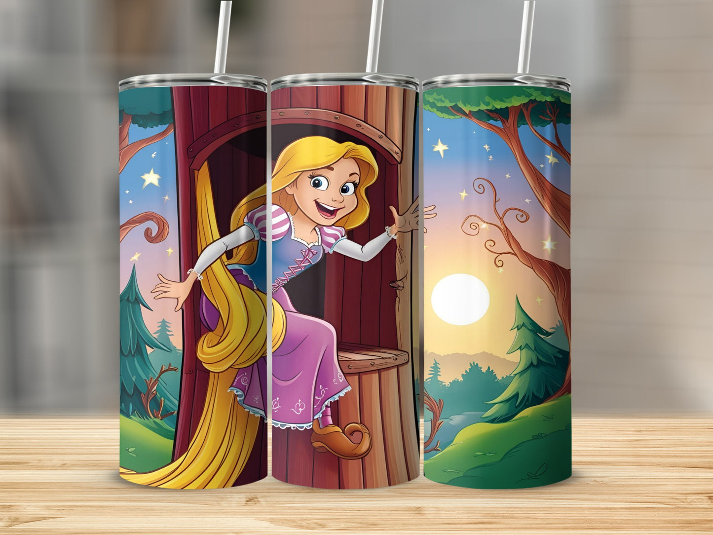 Rapunzel peeks out of tower window with sun and forest scene.