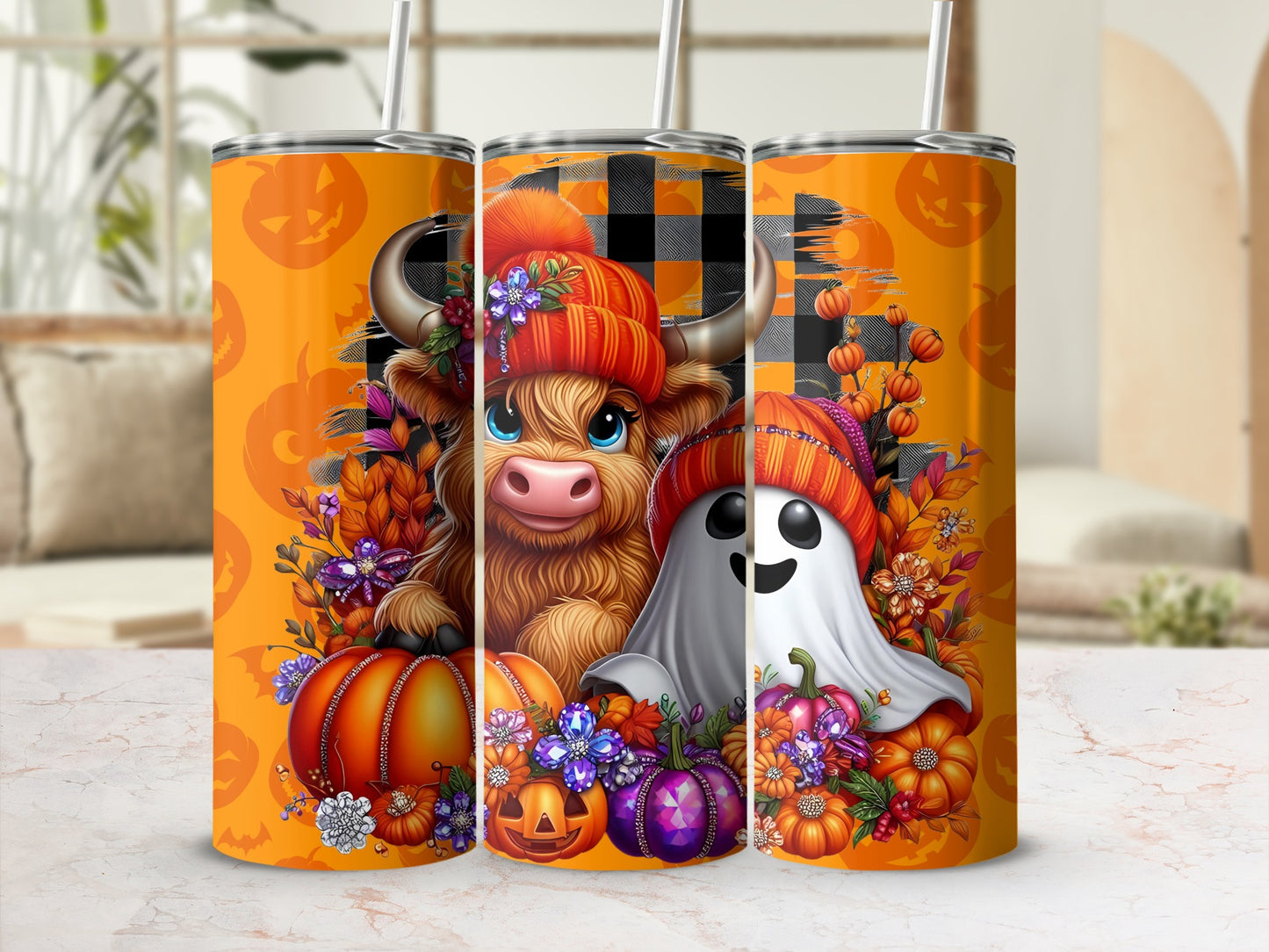 Halloween Themed Highland Cow and Ghost Tumbler