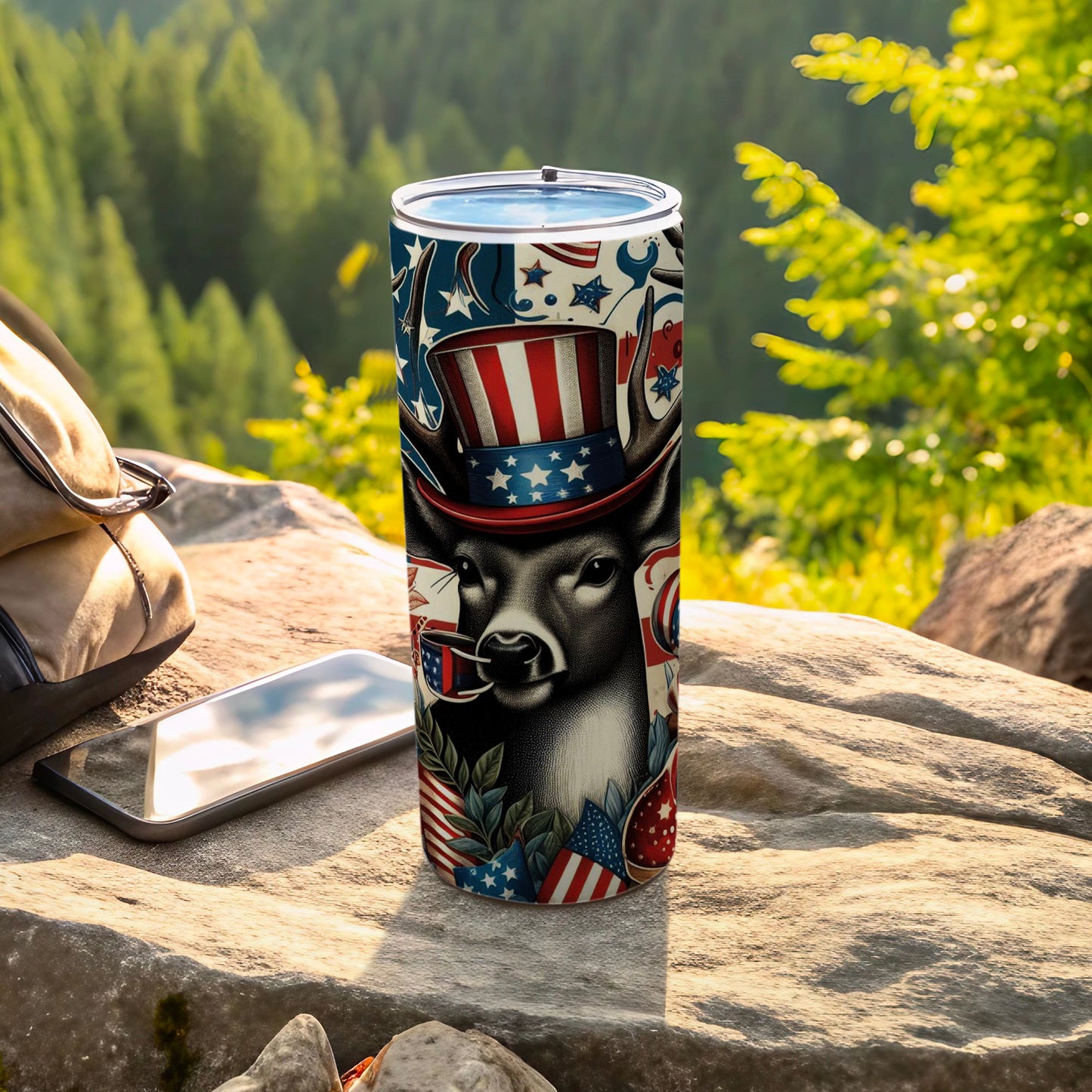 Patriotic deer wearing a hat and stars and stripes design on a tumbler.