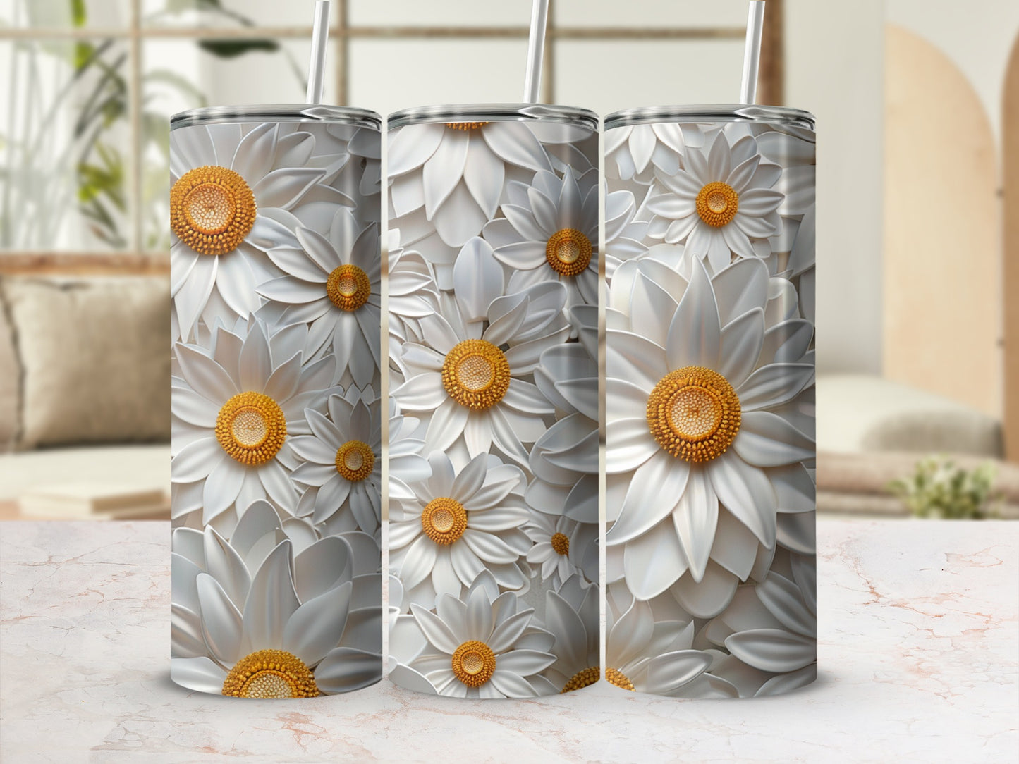 Three white daisy tumblers with textured petals and yellow centers.