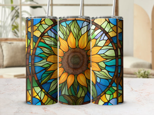 Three tumblers featuring a stained glass sunflower design.