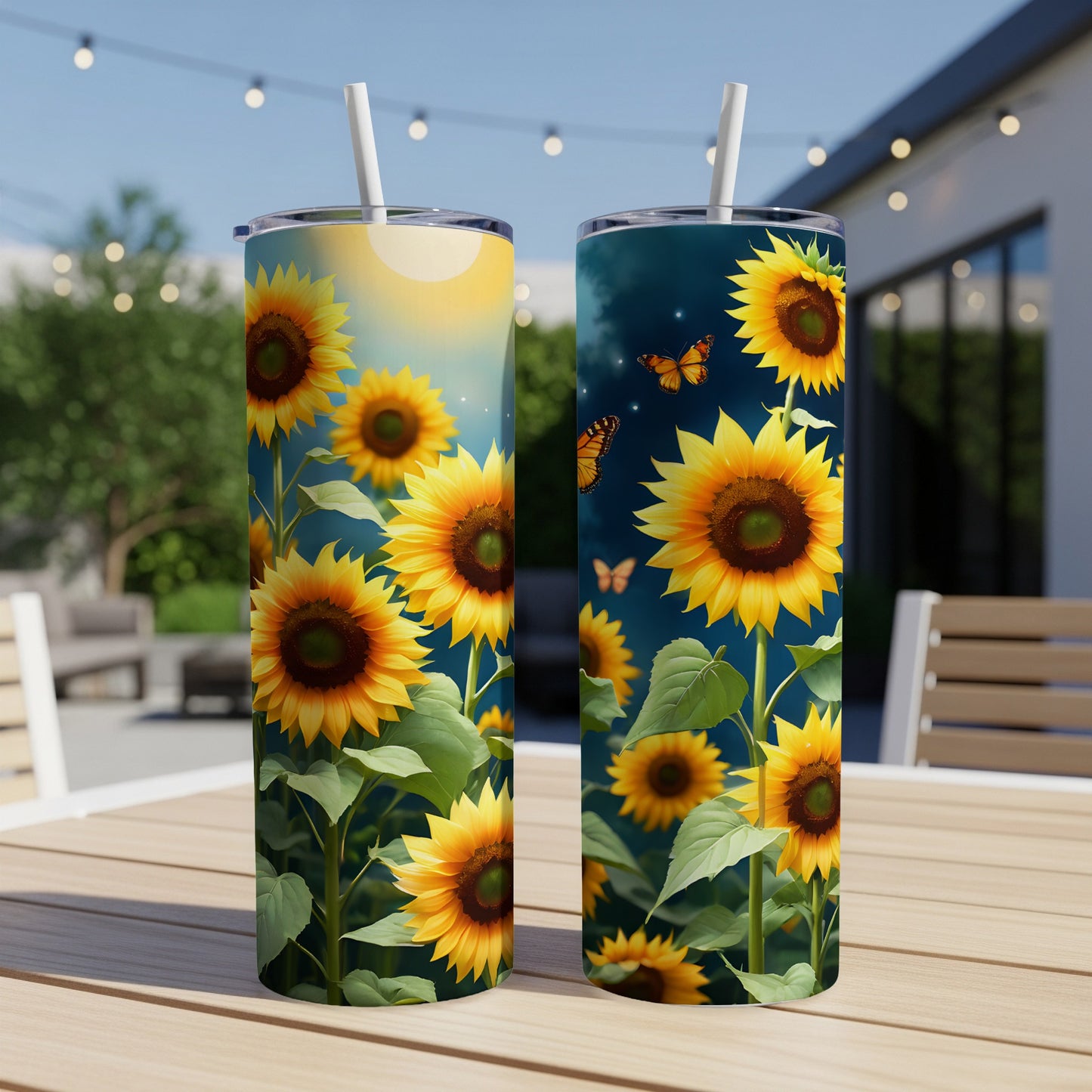 Two tumblers with sunflowers and butterflies on a table outdoors.