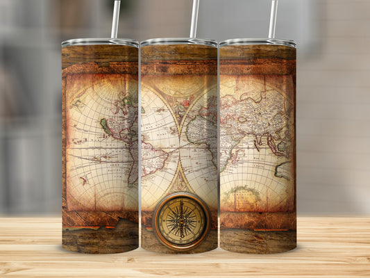 Three tumblers wrapped with an antique world map and wood grain design.