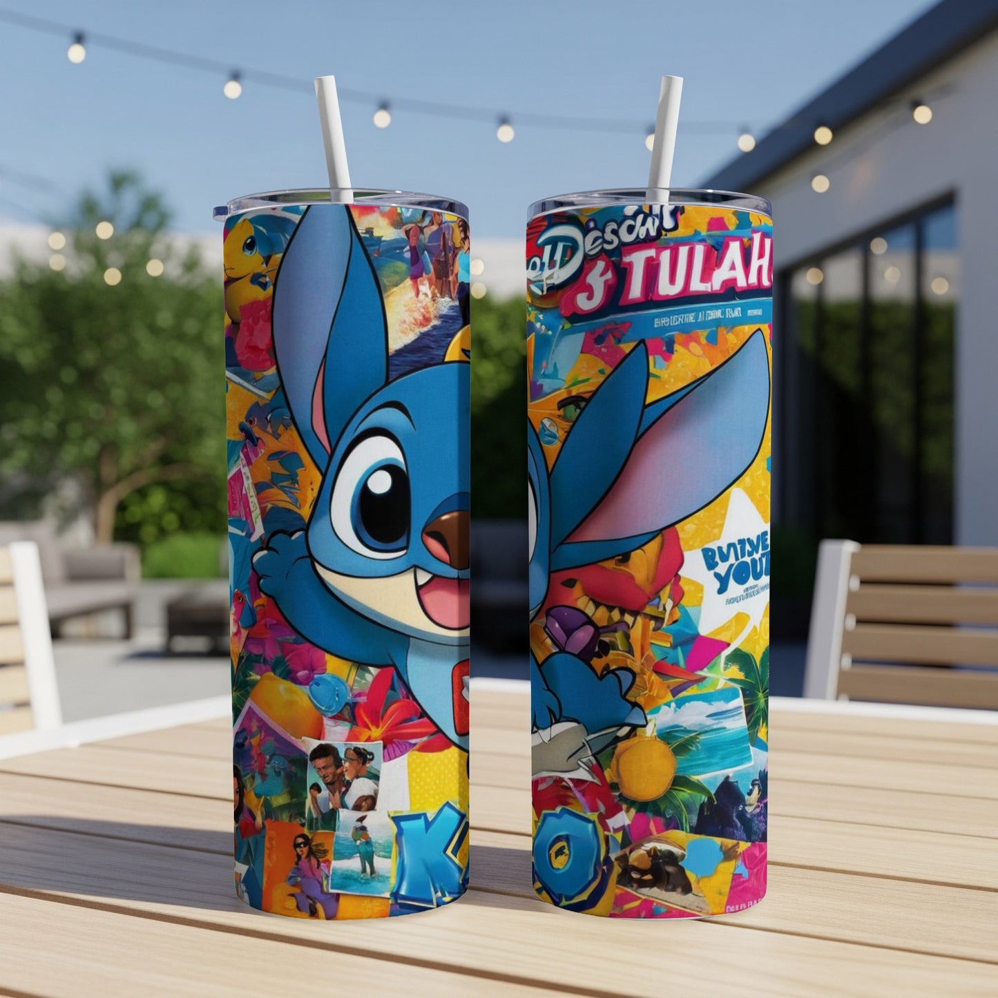 Two tumblers with Stitch and colorful beach-themed collage design.