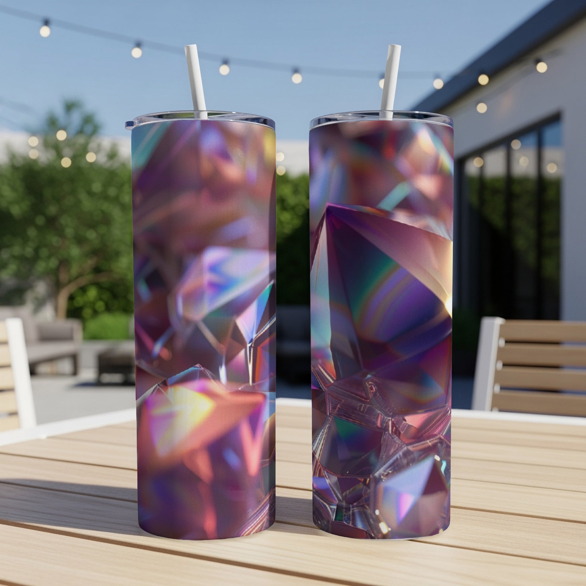 Two tumblers with abstract iridescent crystal facet patterns.