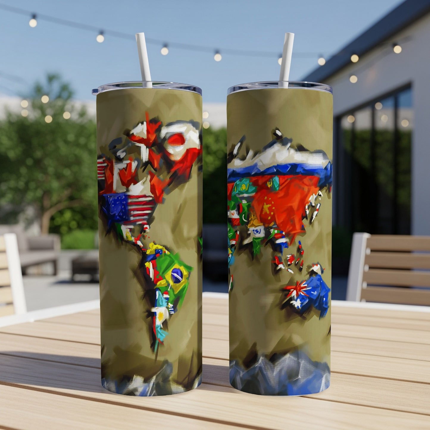 Two tumblers featuring world map flags on a tan background with outdoor seating.