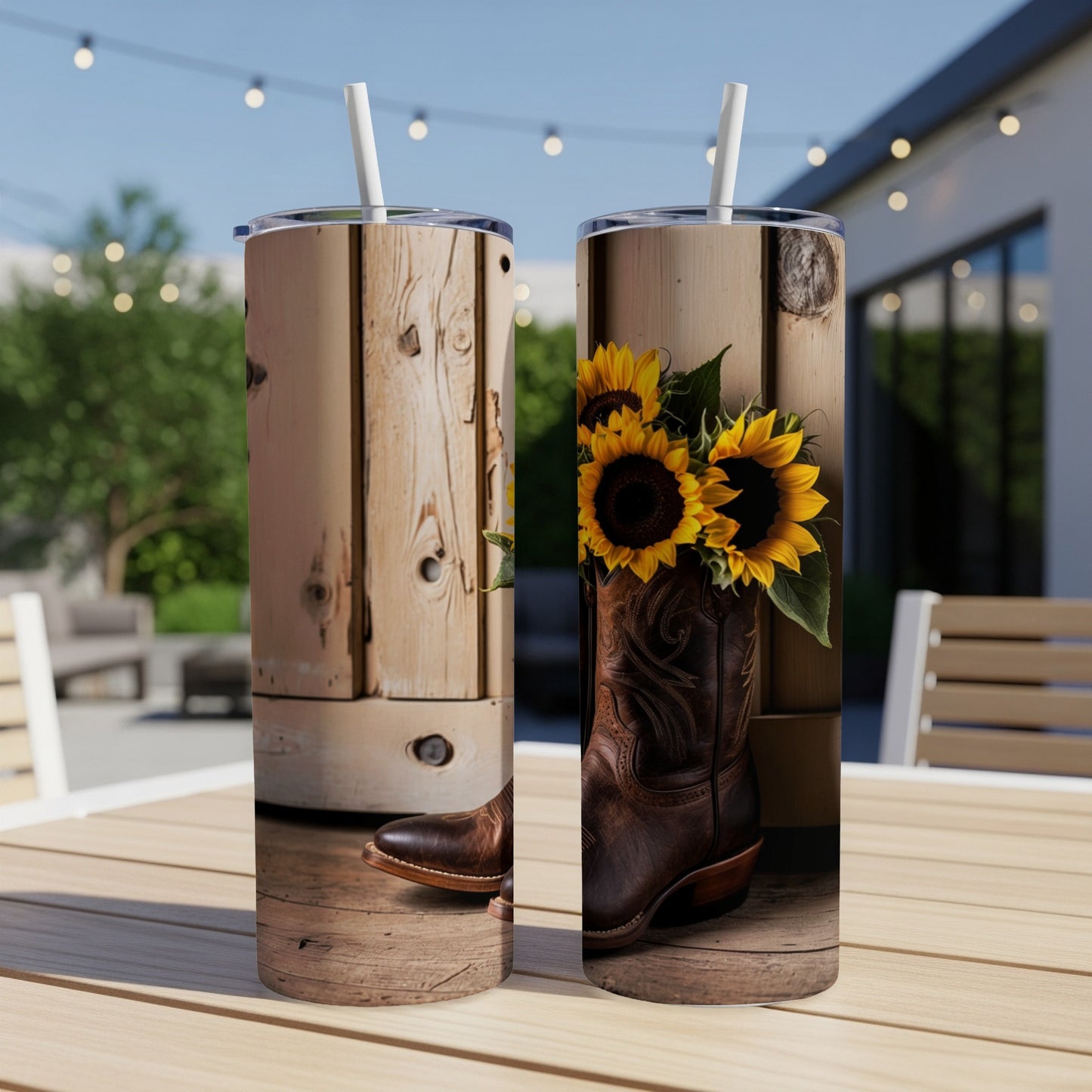 Cowboy boot with sunflowers in a wooden setting.