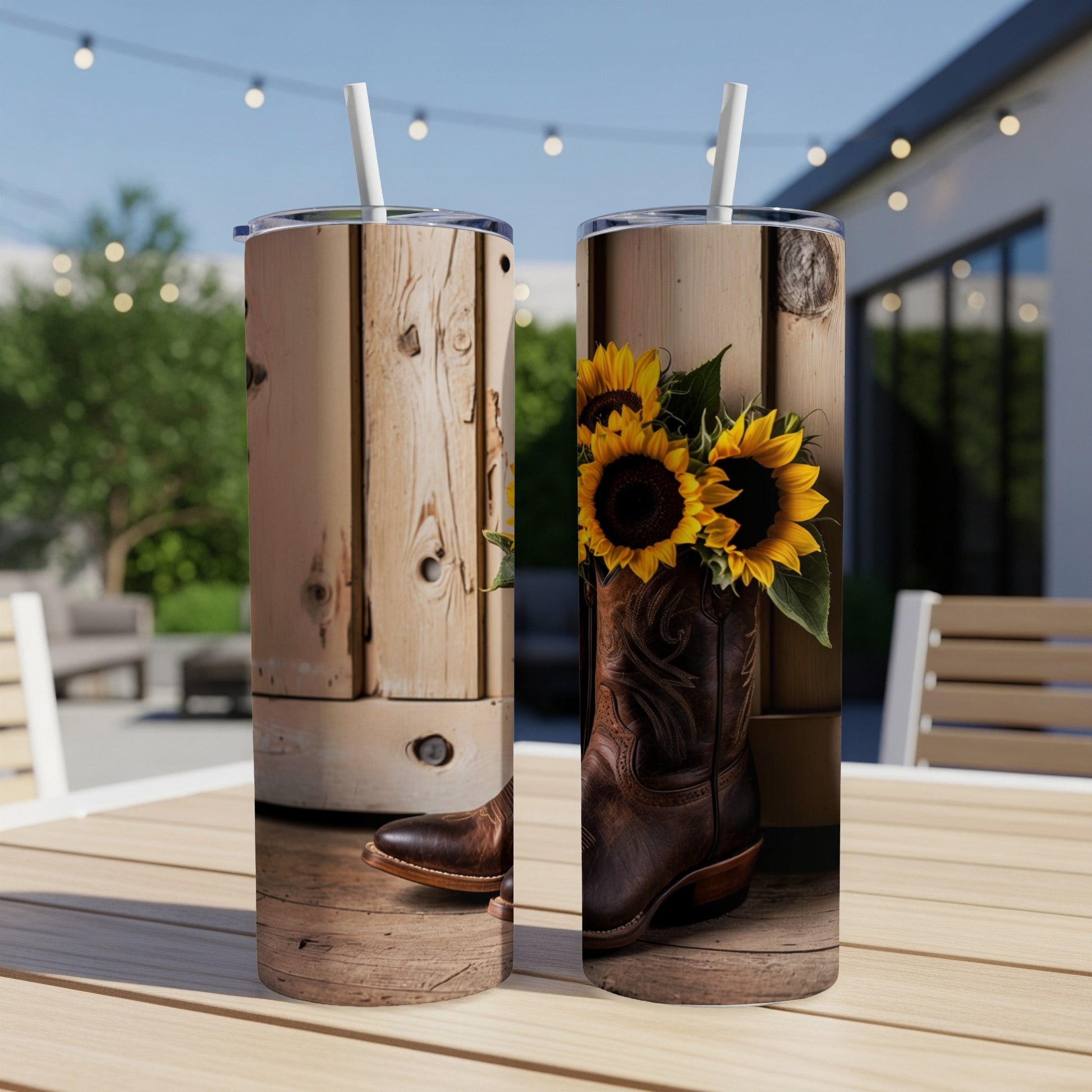 Cowboy boot with sunflowers in a wooden setting.