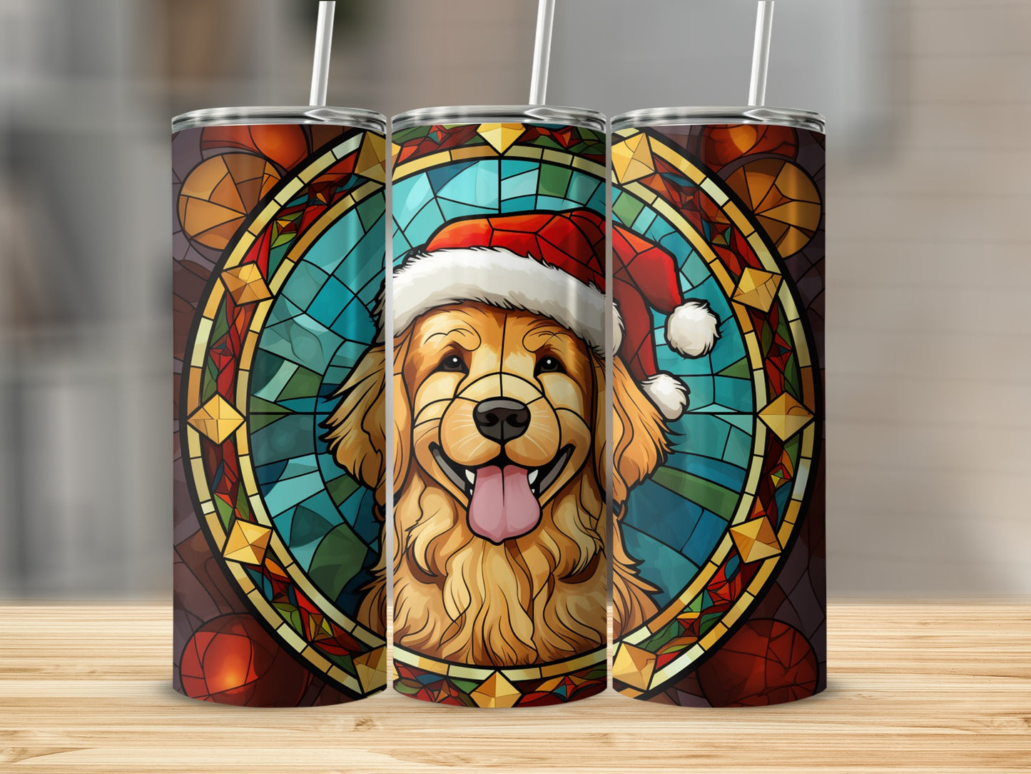 Golden retriever wearing a Santa hat, designed with a stained glass effect.